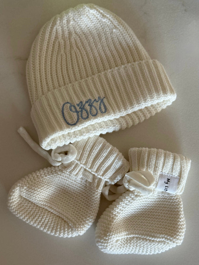 Cream Cotton Knit Hat & Booties Bundle