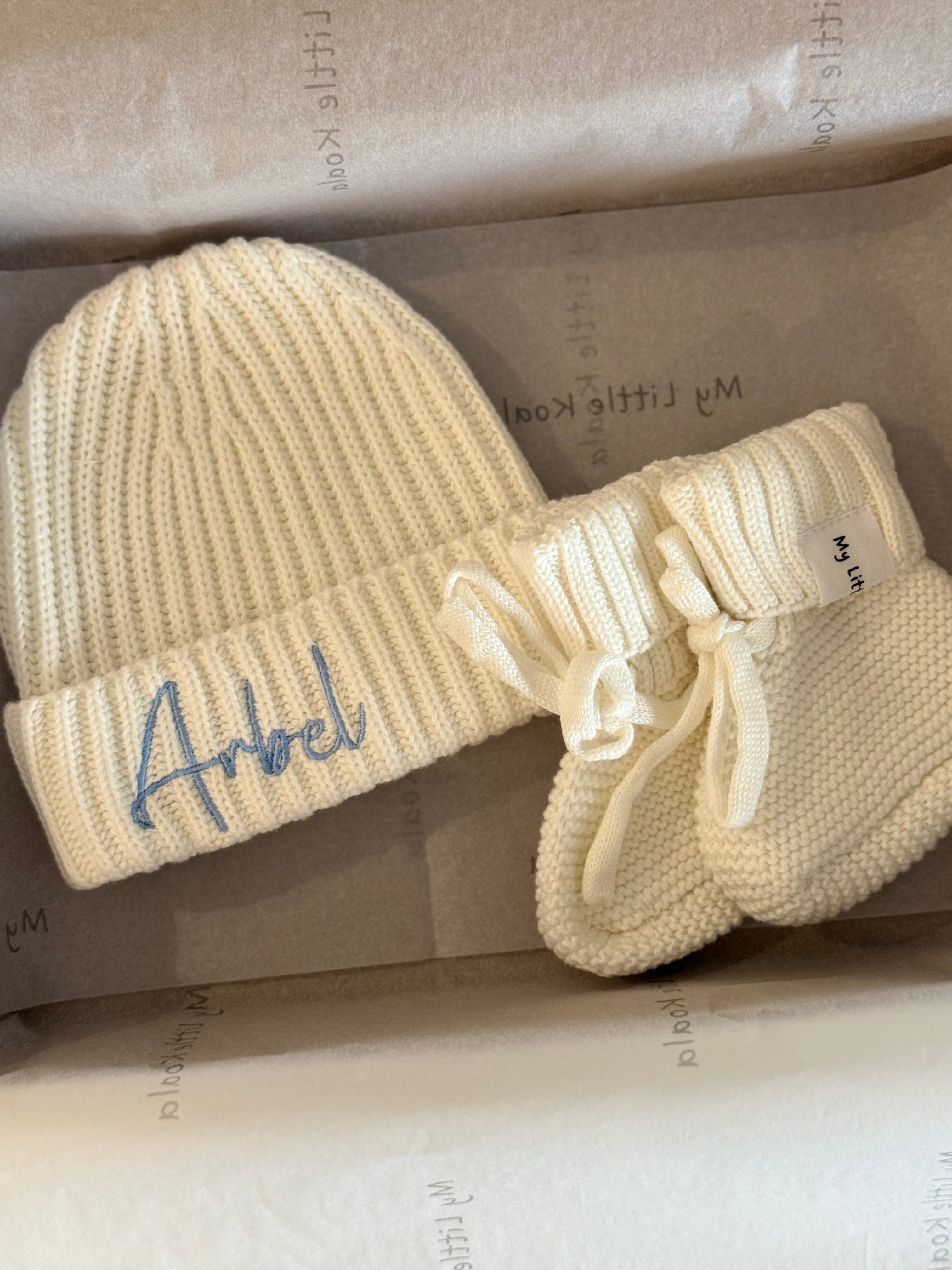 Cream Cotton Knit Hat &amp; Booties Bundle