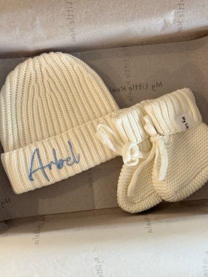 Cream Cotton Knit Hat &amp; Booties Bundle