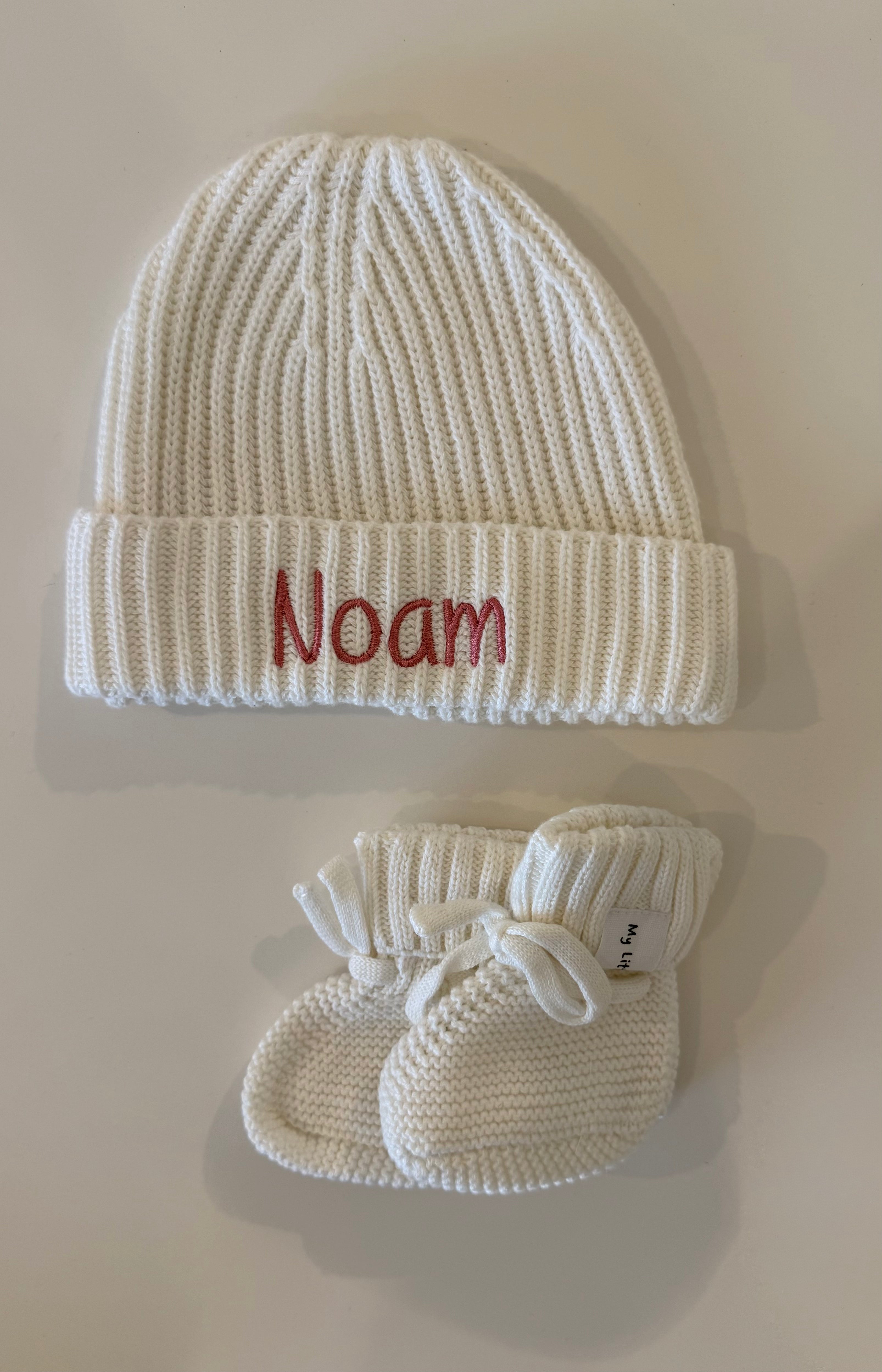 Cream Cotton Knit Hat &amp; Booties Bundle