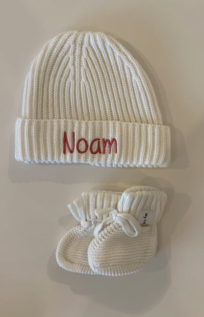 Cream Cotton Knit Hat &amp; Booties Bundle